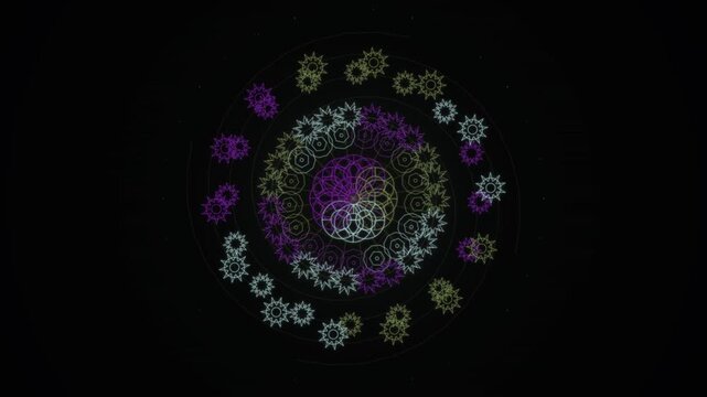 Intricate looping mandala pattern with glowing purple, white, and gold circular motifs on a black background