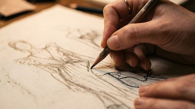 Close up of an artist hand sketching a creative fashion design outfit illustration using a 2B pencil on textured paper sheet, artistic creative process in studio concept, fine art drawing concept