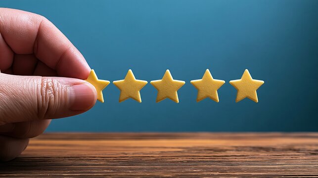 Customer Hand Placing Final Golden Star for Perfect Five-Star Rating on Wooden Surface