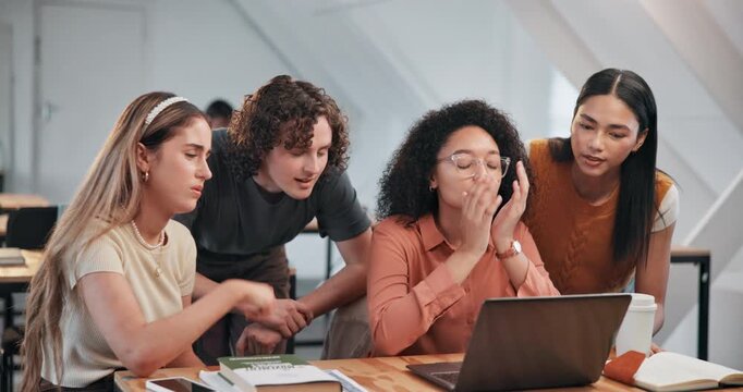 College, sad and group in class with laptop, low grade and academic fail in online assignment. University, people and student with tech, poor exam results and disappointment with team assessment.