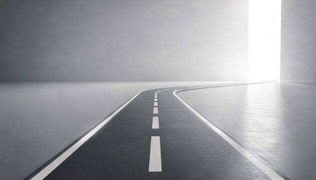The Road to Enlightenment: A solitary road curves towards a radiant gateway, symbolizing the journey towards new beginnings and ultimate fulfillment.