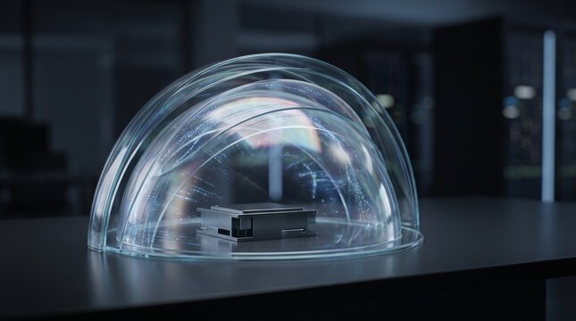 Advanced quantum processor protected securely inside translucent multilayer glass domes emitting glowing holographic particle data streams