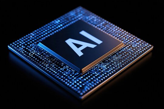 Close-up of an AI microchip glowing with futuristic blue circuit board lights on a dark background