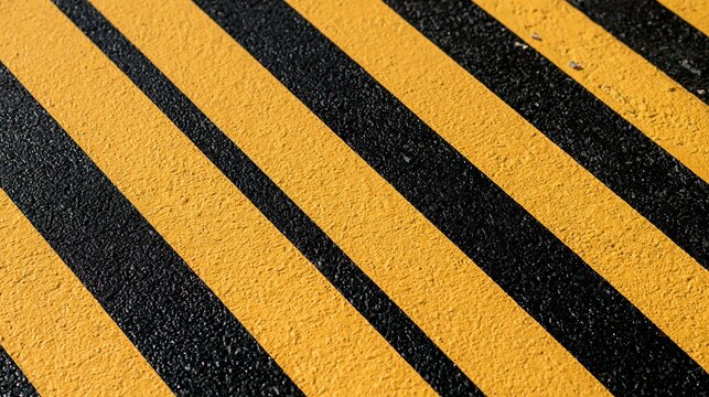 Close-up of Textured Yellow and Black Diagonal Hazard Stripes on Asphalt Surface