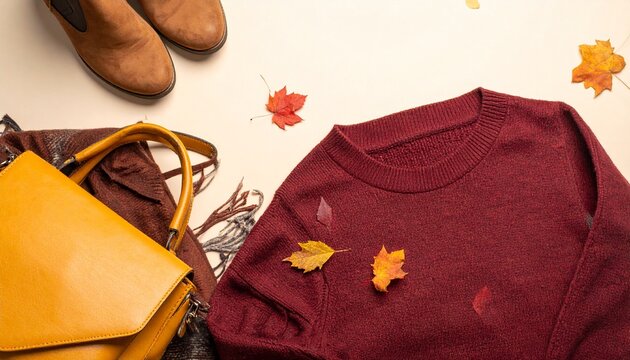 Autumn fashion concept with maroon sweater yellow handbag and leather boots on white background seasonal clothing fall outfit