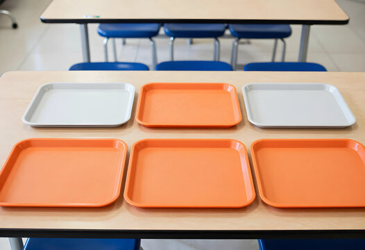 School lunch service and cafeteria organization, empty plastic trays on a dining table for student meal distribution in an educational facility