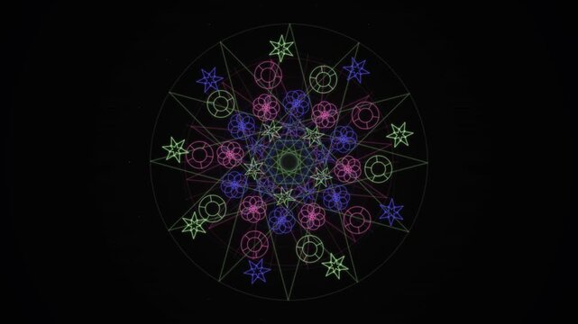 Neon mandala patterns rotate within a colorful looping geometric design on black.