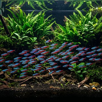 A sleek school of iridescent Neon Tetras and glowing Cardinal Tetras swimming in unison over a dark, nutrient-rich substrate, with a dense background of Java Fern.