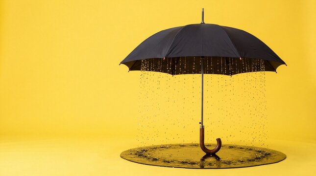 Surreal Black Umbrella Raining from Inside on Yellow Background