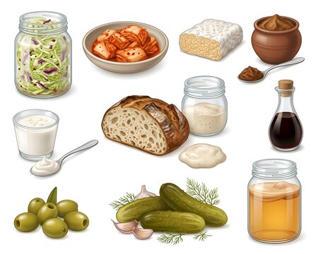 Fermented foods collection including kimchi, tempeh, sourdough bread, yogurt, pickles, and kombucha in realistic vector illustration
