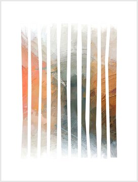 Terracotta Dawn . . .A modern abstract collection featuring heavily textured impasto brushwork deconstructed into clean, vertical slats.