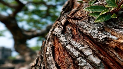 Fototapeta premium Close up on weathered tree bark with green leaves and blurred background