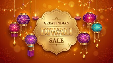 Great Indian Diwali Sale. Flower shaped gift tag with group of paper graphic Indian lantern. The Festival of Lights.  © Kiritsinh