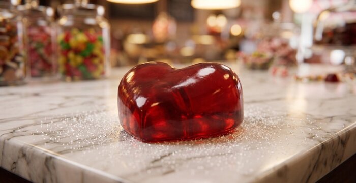 Large glossy red gummy heart candy surrounded by sugar crystals on a marble countertop in a sweet shop