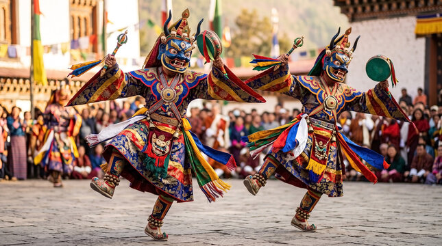 Traditional dance troupe performance with colorful costumes and intricate masks at cultural festival. Dancers in vibrant outfits showcase festive movements,