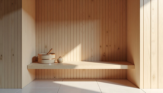A compact Scandinavian-inspired home sauna built from natural wood and stone, creating a warm and peaceful interior wellness atmosphere