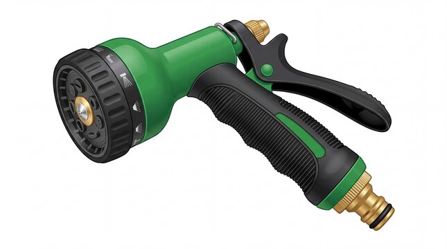 Green plastic garden hose spray nozzle gun with adjustable metal connector on white background