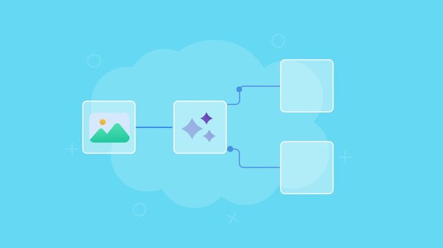 Flat vector animation showing an image connected to a processing symbol and branching into approved or rejected versions for digital content review.