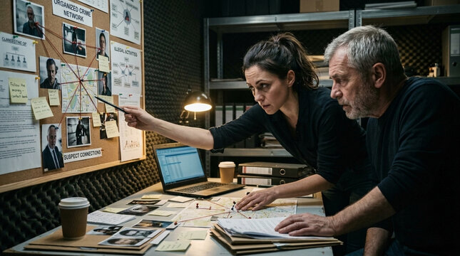 Detectives analyzing evidence board crime investigation police work teamwork suspects clues case files criminal activity forensic research planning deduction mystery solving