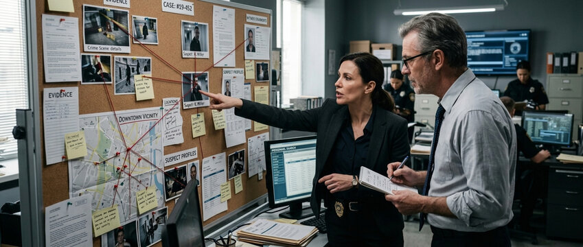Detectives analyzing evidence board with photos maps and connections for criminal investigation in police station