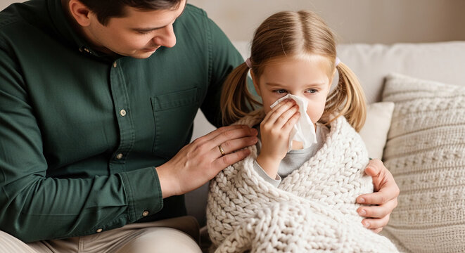 Father comforting sick child, a scene of care and concern, symbolizing family love and health support