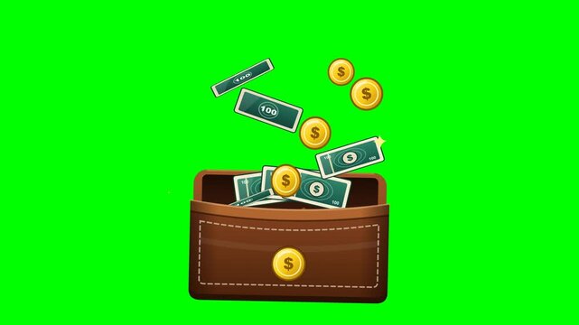 Dollar Bills And Coins Floating Into Wallet Animation Green Screen Loop