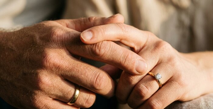 Close up of interlocked hands sharing a gentle connection, showing a gold wedding band and diamond engagement ring