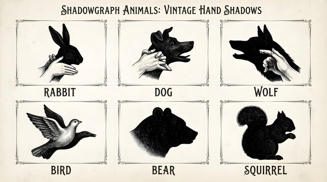 Hands forming animal shadow puppets collection with vintage illustrations of rabbit dog wolf bird bear and squirrel