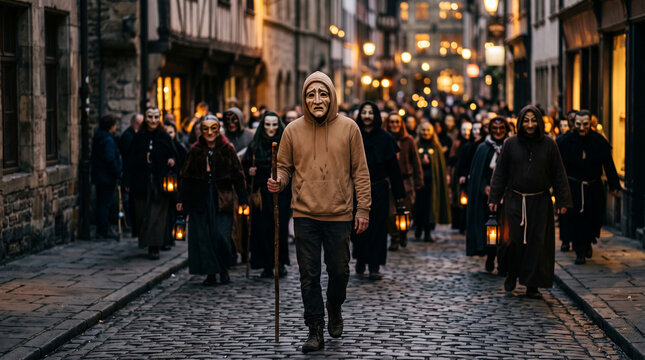 A crowd of masked figures holding lanterns walks down a cobblestone street at dusk, symbolizing mystery, tradition, and a historical event