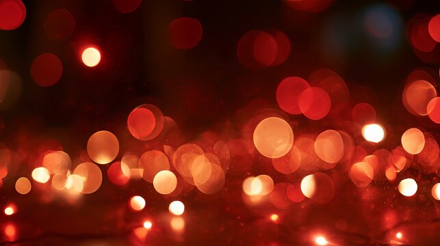 Christmas bokeh background with warm red and gold holiday lights, soft focus against a deep burgundy night backdrop