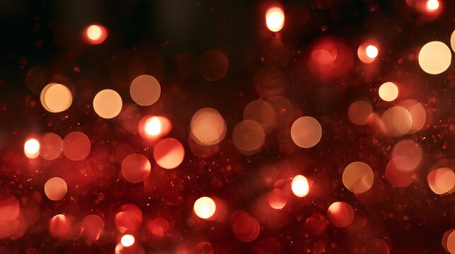 Christmas bokeh background with warm red and gold holiday lights, soft focus against a deep burgundy night backdrop