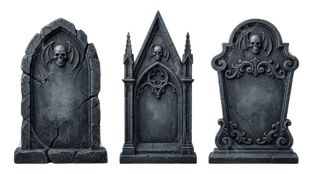 Gothic stone gravestones with carved skulls isolated
