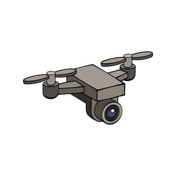 Isometric 3D vector illustration of a modern gray quadcopter drone with a camera against a transparent background