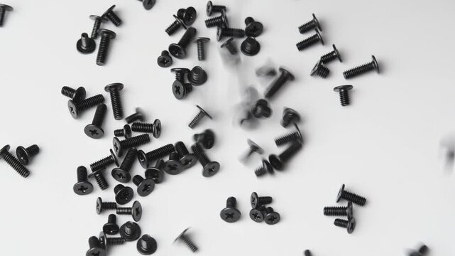 Black computer screws fall on white surface and collect in pile for device assembly and repair.