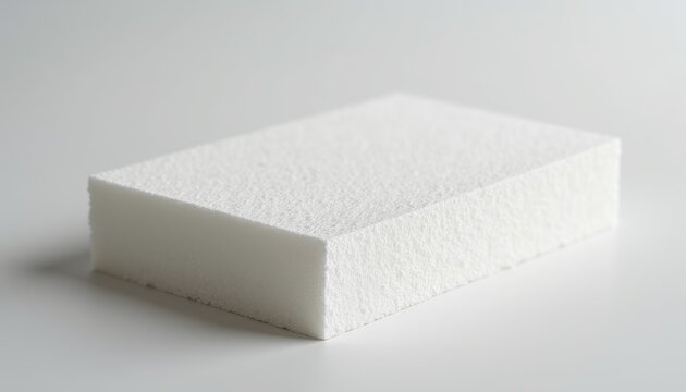 A white foam block with a porous, textured surface rests on a neutral gray background. The lightweight material displays clean edges and a soft, cushioned appearance suitable for packaging or...