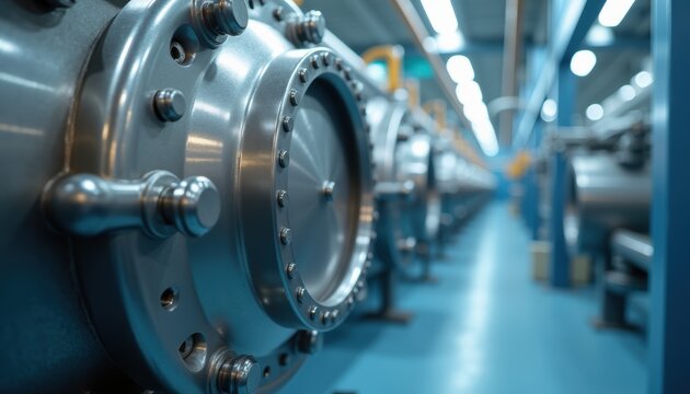 Close-up of industrial metal flanges and bolted connections in a modern manufacturing facility with blue overhead lighting and blurred machinery background.