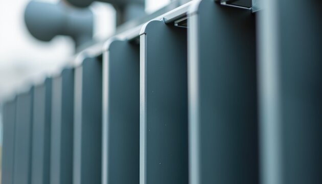 Close-up of a modern radiator with vertical fins and metallic frame, showcasing contemporary heating system design with selective focus and blurred background.