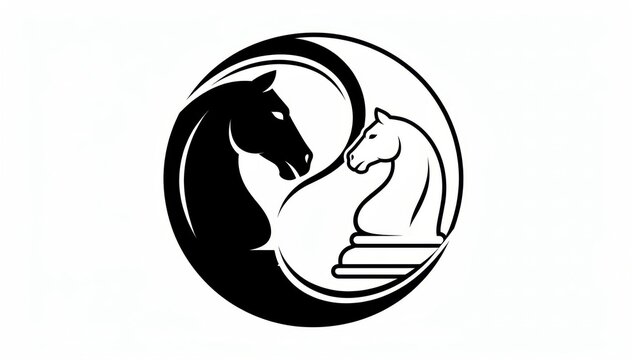 Yin Yang Horse Chess Symbol: A black horse and a white horse, in a yin yang formation, with a white knight chess piece, symbolizing balance, strategy, and duality.