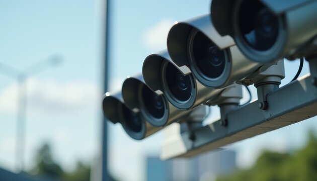 Multiple security cameras mounted on a pole with a blurred cityscape background. The surveillance equipment is positioned against a clear blue sky with buildings visible out of focus.