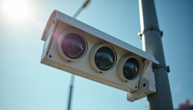 A white traffic enforcement camera with multiple lenses mounted on a metal pole against a clear blue sky. The surveillance device features three prominent camera lenses and is positioned for...