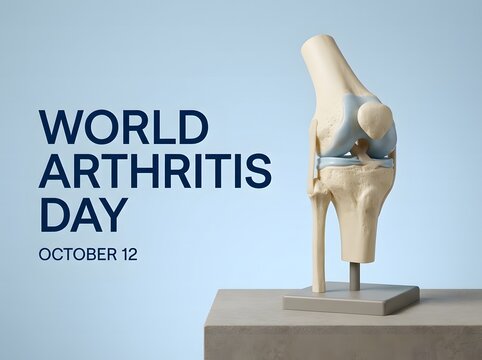 World arthritis day concept with a human knee joint anatomical model on a light blue background