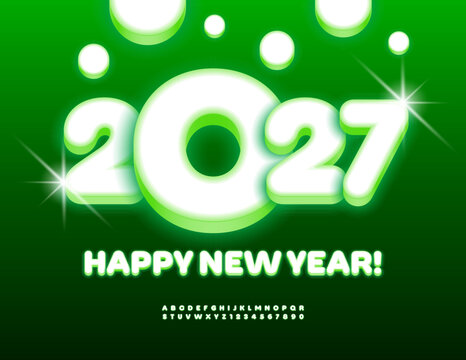 Vector Artistic Greeting Card Happy New Year 2027! Glowing White 3D Font. Modern Rounded set of Bright Cool Alphabet Letters and Numbers.