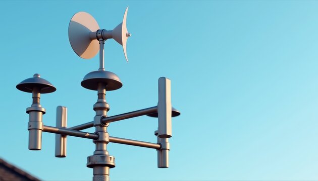 A weather station instrument with an anemometer and wind vane mounted on a pole against a clear blue sky. The meteorological equipment features metallic cups and directional sensors for measuring...