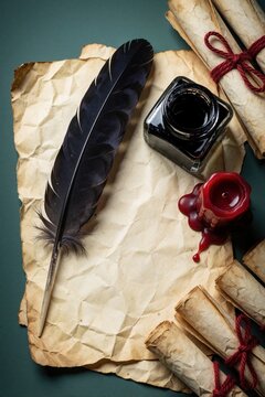 Antique raven feather quill rests on crumpled yellowed parchment paper. Glass inkwell with black ink, red wax seal candle lie on old document. Vintage scrolls tied with red string surround blank