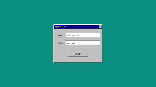 A retro digital interface displays a system login prompt on a classic teal desktop computer screen in motion-render-1790924361989