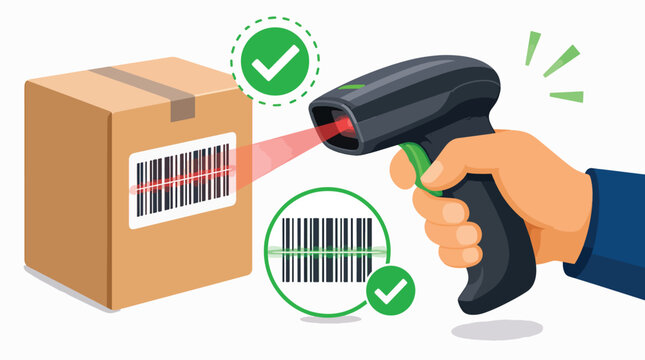 Handheld barcode scanner scanning package in warehouse