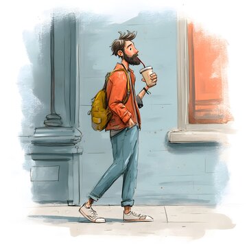 Stylish Man Walking with Backpack and Coffee Cup