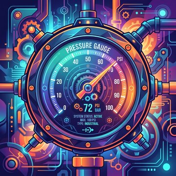 Industrial Pressure Gauge Vector Illustration with PSI Measurement Dial and Neon Background
