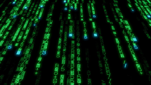 Bright Green and Blue Binary Code Grid on Black Background - High-Tech Digital Display Design for Software Development and Data Visualization Projects