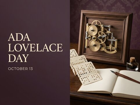 Ada lovelace day celebration featuring vintage clockwork gears and an open notebook on a dark background